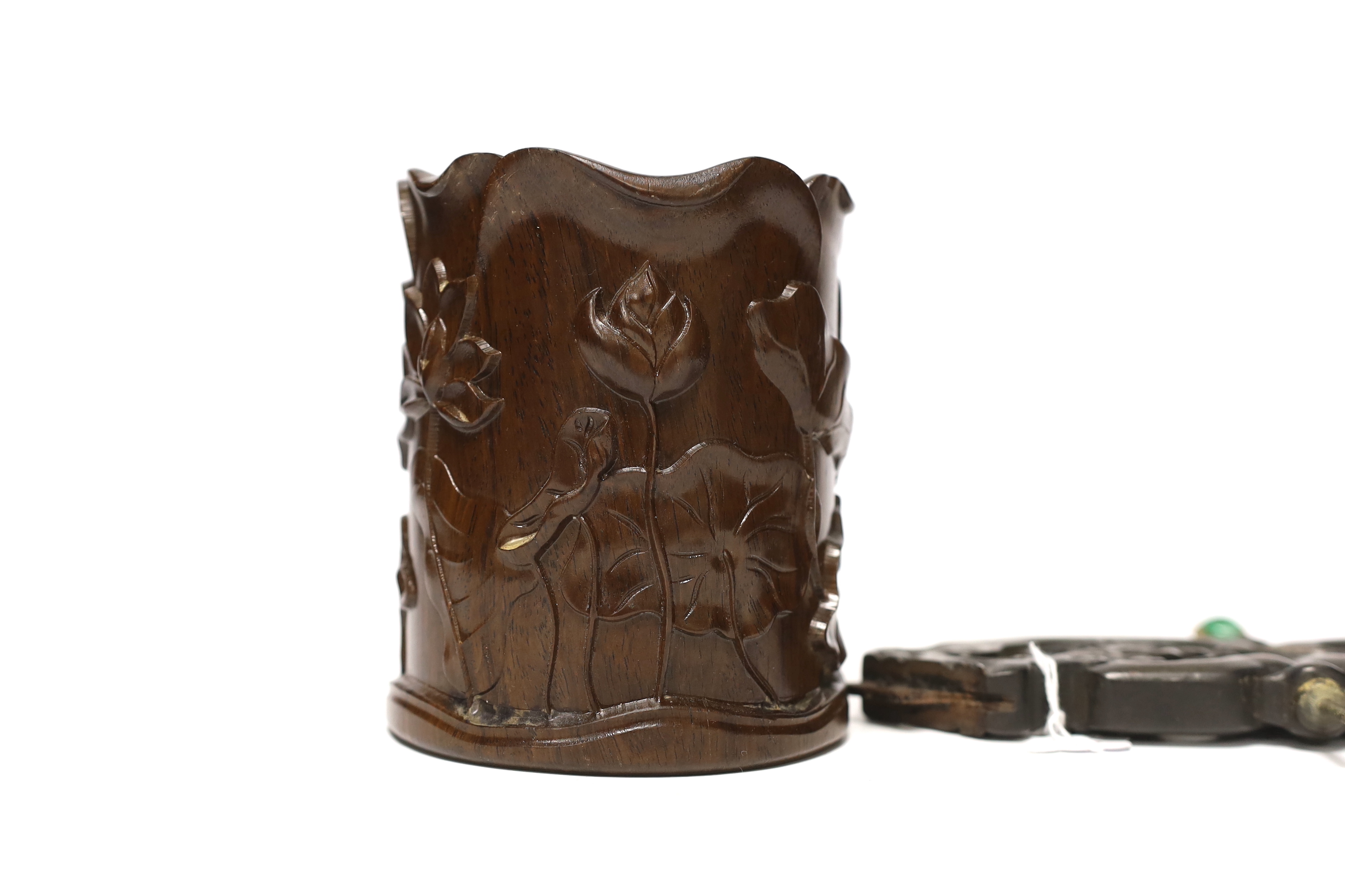 A Chinese hardwood finial and a brush pot, 13cm high